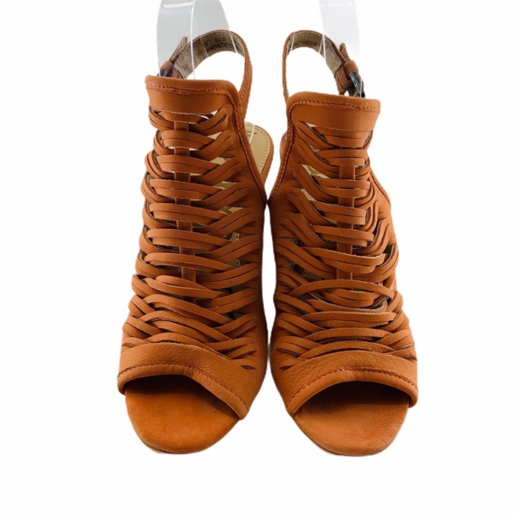 Sam Edelman | Holly | Leather Orange woven peep toe with wooden block heel | 8.5